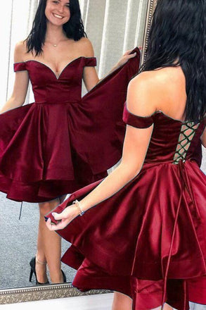 short satin junior prom gown short burgundy homecoming dress dth44