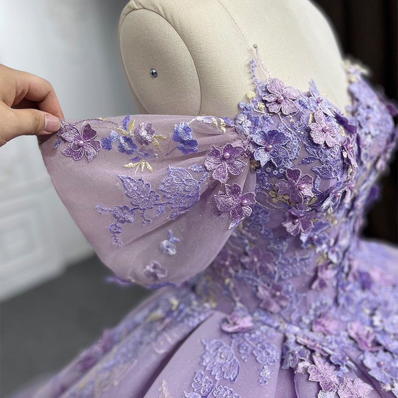 Lavender 3D Flowers Lace Short Sleeves Prom Dress Quinceanera Evening Ball Gown