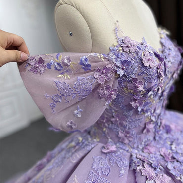 Lavender 3D Flowers Lace Short Sleeves Prom Dress Quinceanera Evening Ball Gown