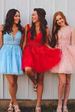 chic a-line tulle applique short prom dress v-back homecoming party dress dth543