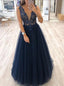 V-neck Tulle Beads Long Prom Dresses Dark Blue Long Evening Dress
