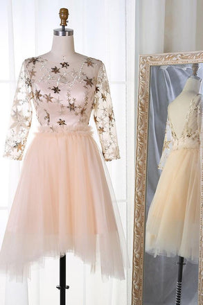 a-line bateau 3/4 sleeves stars embroideried tulle homecoming dresses dth263