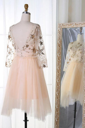 A-Line Bateau 3/4 Sleeves Stars Embroideried Tulle Homecoming Dresses