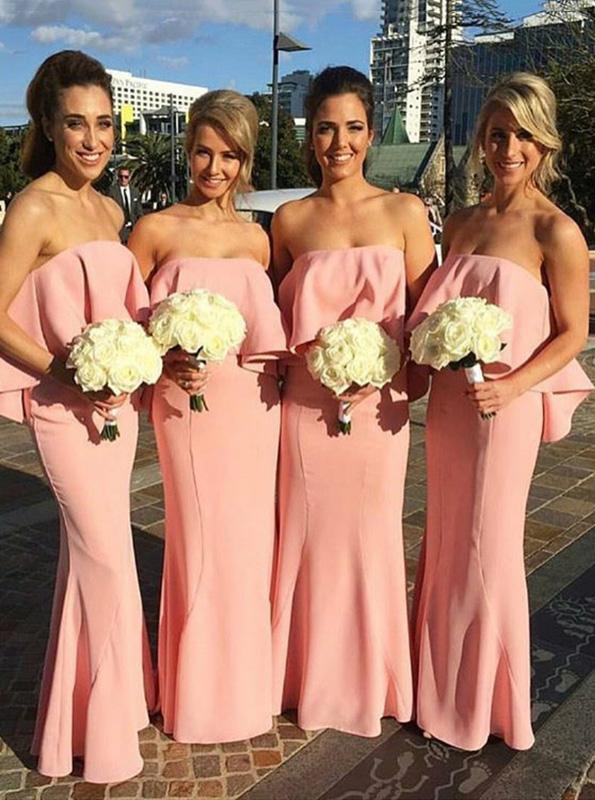Mermaid Strapless Pink Long Bridesmaid Dresses With Ruched