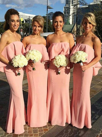Mermaid Strapless Pink Long Bridesmaid Dresses With Ruched