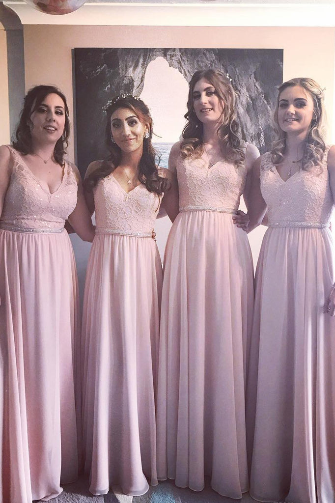 a-line pink bridesmaid dresses chiffon lace long bridesmaid dress dtb235