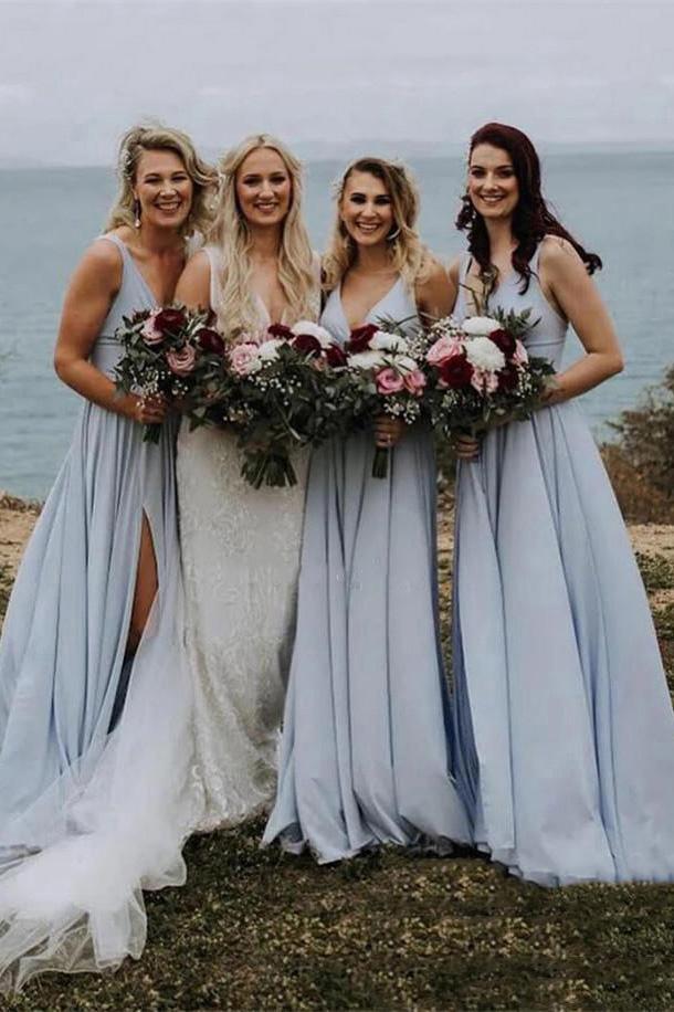 v-neck dusty blue bridesmaid dresses long backless split bridesmaid dress dtb236