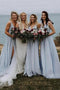 V-neck Dusty Blue Bridesmaid Dresses Long Backless Split Bridesmaid Dress