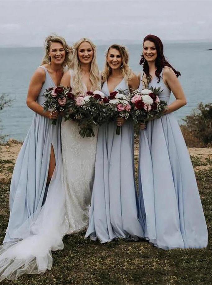 V-neck Dusty Blue Bridesmaid Dresses Long Backless Split Bridesmaid Dress