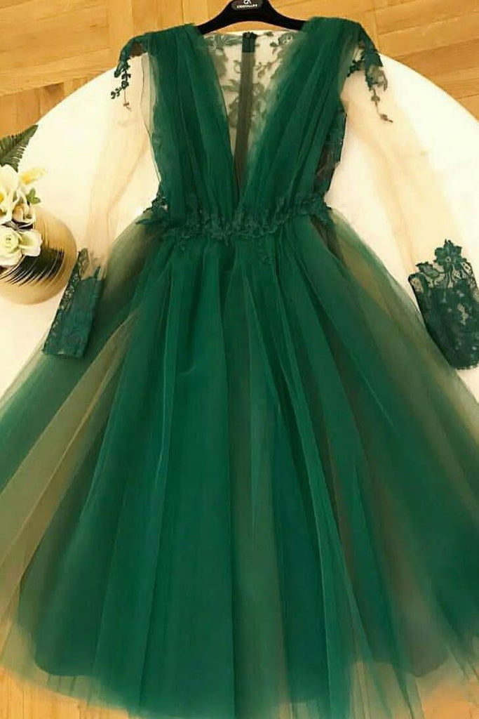Long Sleeves Dark Green Homecoming Dress Tulle Short Prom Party Dress DTH123 DressTok.co.uk Long Sleeves Dark Green Homecoming Dress Tulle Short Prom Party Dress DTH123 DressTok.co.uk
