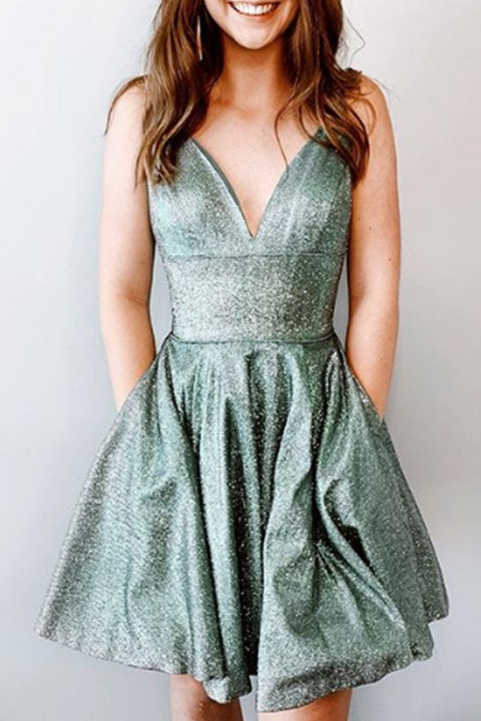 spaghetti v neck short prom homecoming dress sparkle cocktail dress dth133