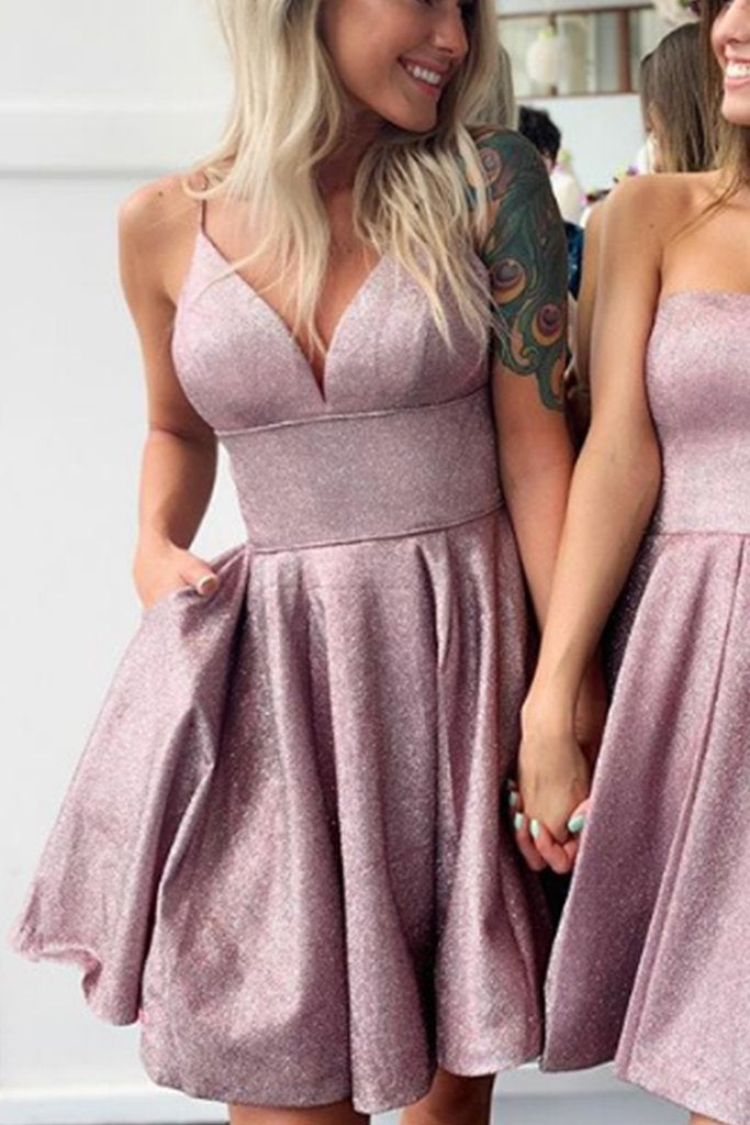 spaghetti v neck short prom homecoming dress sparkle cocktail dress dth133