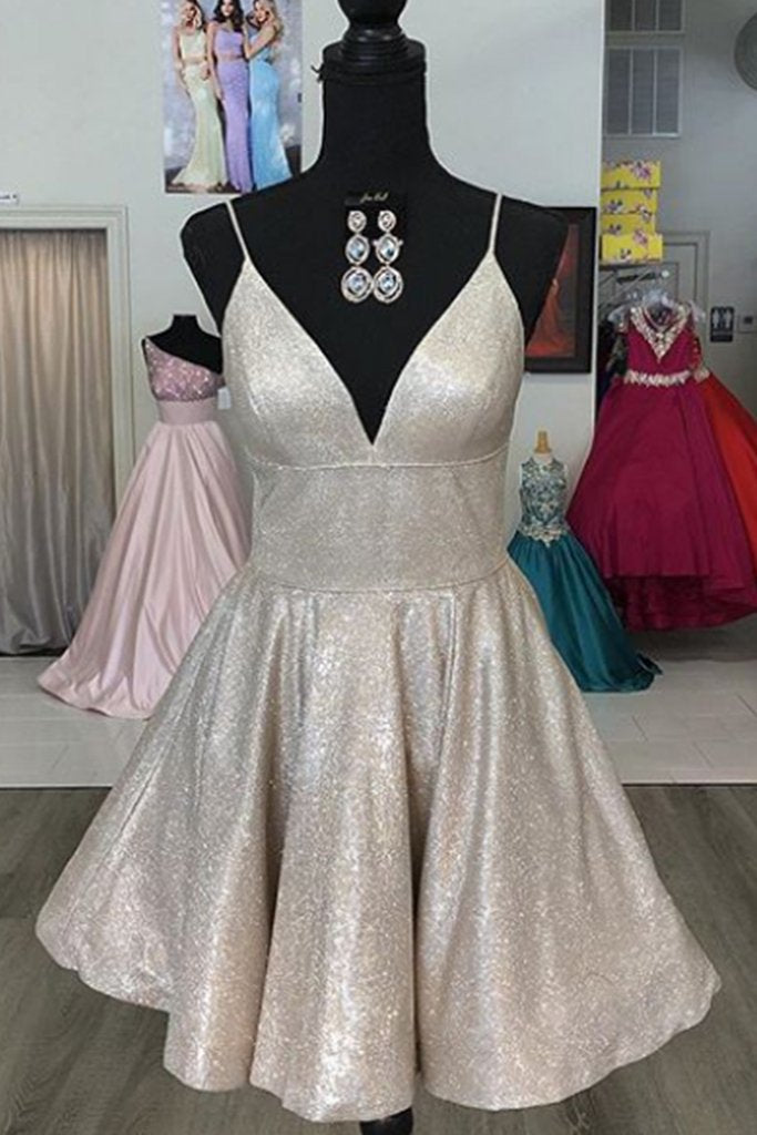 spaghetti v neck short prom homecoming dress sparkle cocktail dress dth133