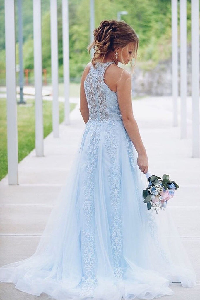 High Neck Light Sky Blue Lace Beading Prom Dress Tulle Formal Dresses