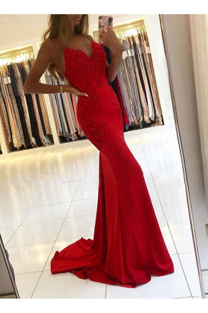 red mermaid beaded lace prom dresses backless evening gown dtp30