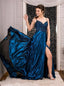 A-line Satin Long Prom Dresses With Beading, Sexy Split Evening Dress
