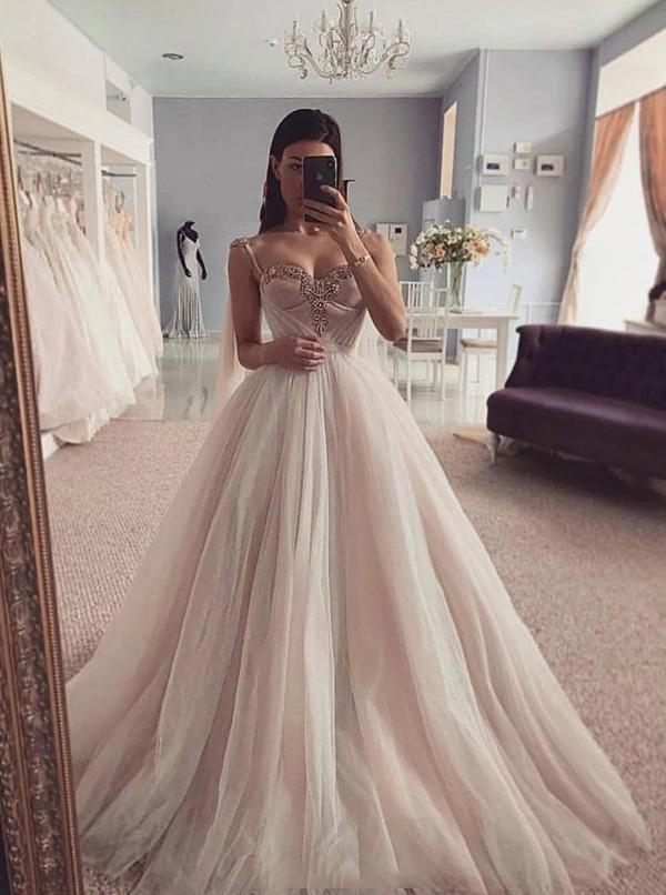 custom made spaghetti-straps tulle sweetheart wedding dresses dtw351