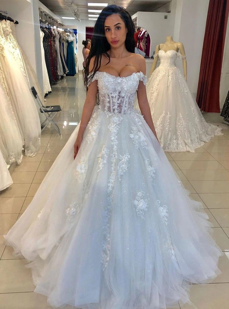appliqued bridal gown elegant off the shoulder tulle wedding dresses dtw350