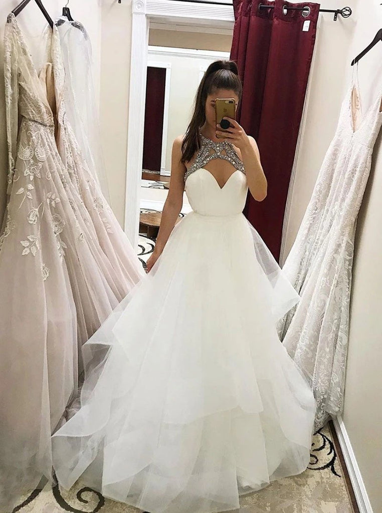 gorgeous a-line white tulle beaded long prom wedding dresses dtw379