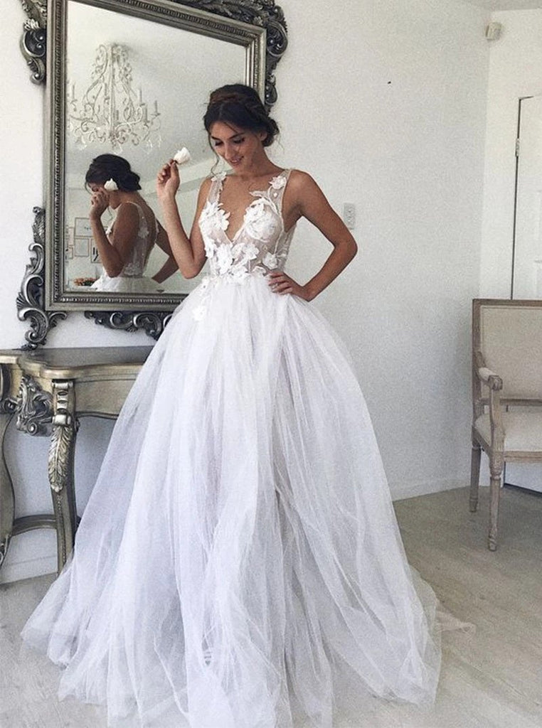 beach bridal gown with appliques boho a-line v-neck tulle wedding dresses dtw348