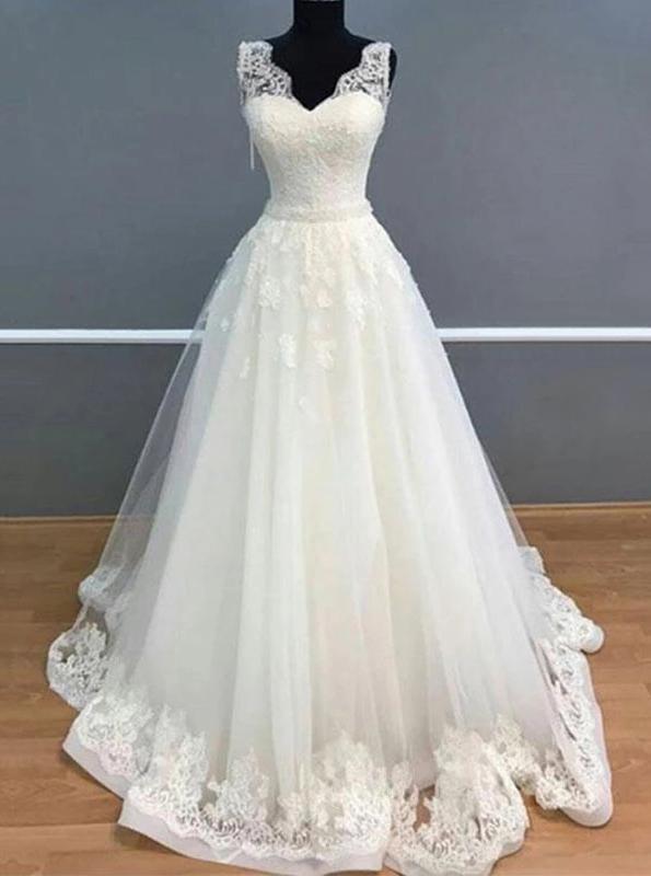 a-line v neck ivory tulle long wedding dresses with appliques dtw355