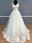 A Line V Neck Ivory Tulle Long Wedding Dresses with Appliques