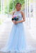 high neck light sky blue lace beading prom dress tulle formal dresses dtp113