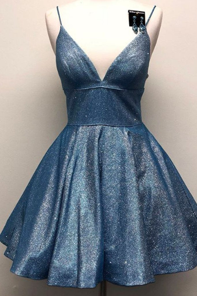 spaghetti v neck short prom homecoming dress sparkle cocktail dress dth133