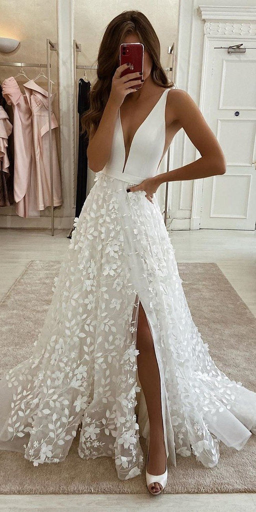 a-line bohemian wedding dress with lace appliques beach bridal gown dtw103
