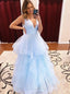 A Line V Neck Light Sky Blue Prom Dresses Long Formal Evening Dresses