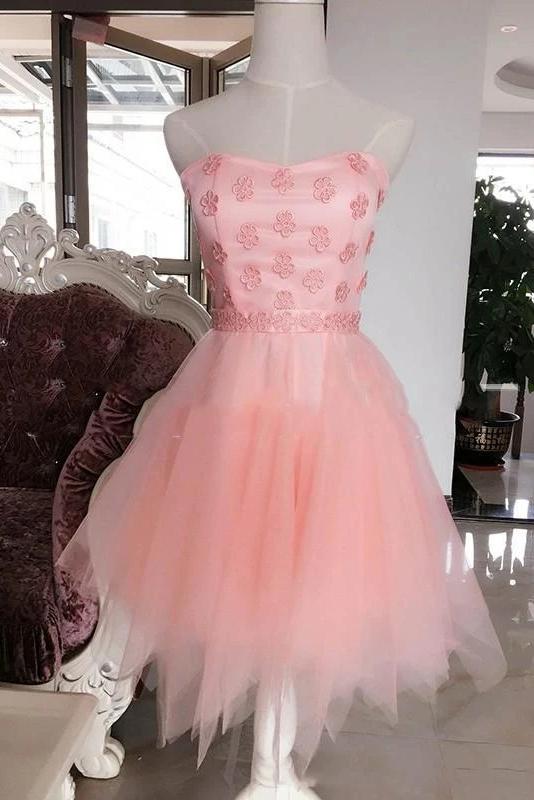 strapless sweet 16 dress with floral appliques homecoming dress dth137