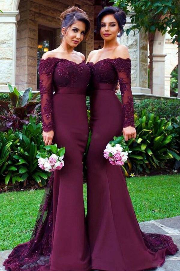 Off-Shoulder Long Sleeves Purple Mermaid Bridesmaid Dresses With Lace Applique DTB07 DressTok.co.uk Off-Shoulder Long Sleeves Purple Mermaid Bridesmaid Dresses With Lace Applique DTB07 DressTok.co.uk