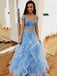 Off-the-Shoulder Ruffled Tulle Lace Beaded Two Piece Blue Prom Dresses