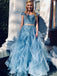 off-the-shoulder ruffled tulle lace beaded two piece blue prom dresses dtp906