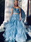 Off-the-Shoulder Ruffled Tulle Lace Beaded Two Piece Blue Prom Dresses