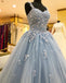Straps Sweetheart Long Prom Dress, Ball Gown Appliques Quinceanera Dress