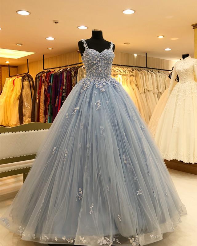 Straps Sweetheart Long Prom Dress, Ball Gown Appliques Quinceanera Dress