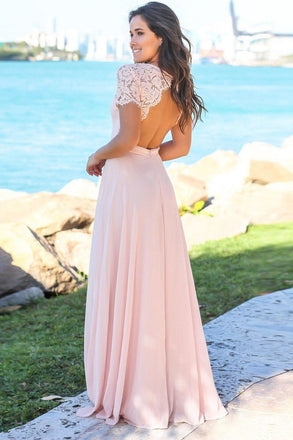 blush pink open back lace short sleeve prom dresses party dresses dtp1067