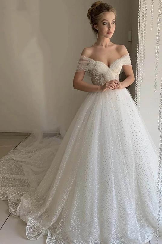 long beading evening gown princess off shoulder tulle long wedding dress dtw172