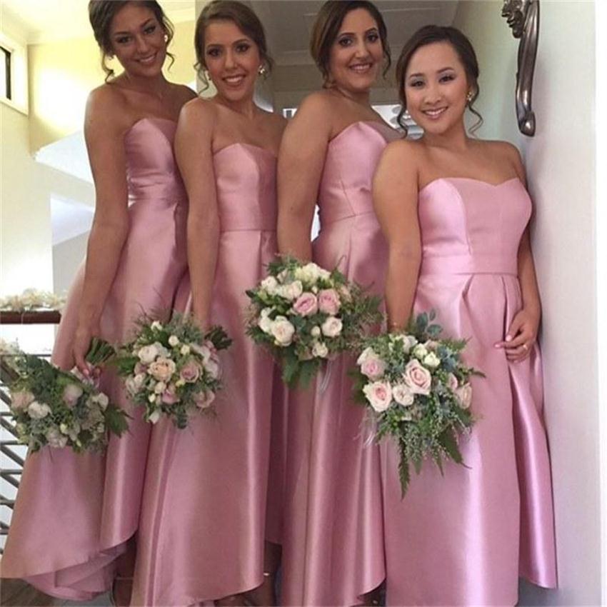 sweetheart high low simple pink bridesmaid dress with pleats dtb202