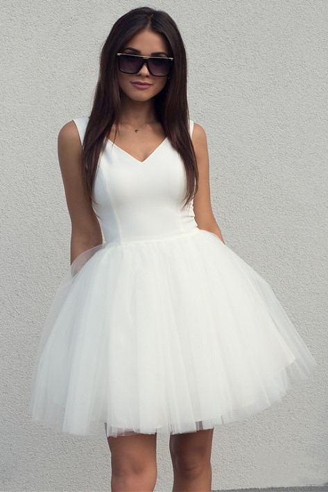 tulle homecoming dress simple a-line v-neck white short prom dress dth116