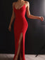 Spaghetti Straps Red Long Prom Dresses, Sexy Split Mermaid Evening Gown