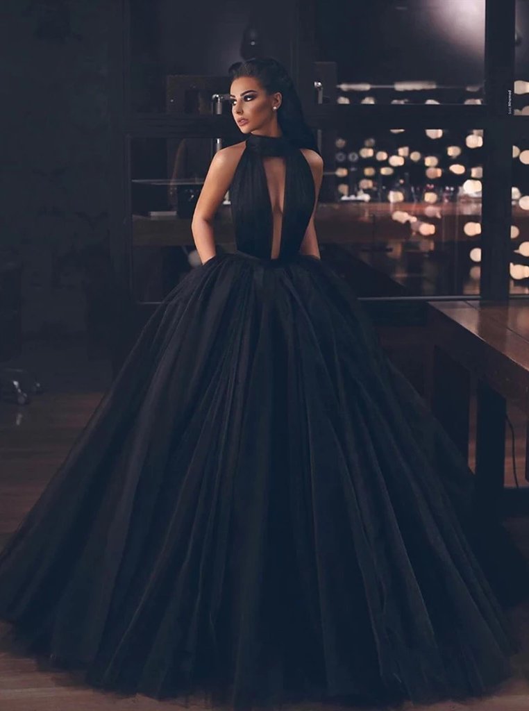 Tulle Black Long Formal Gown Halter Black Backless Prom Dresses With  Pockets DTP882 – DressTok.co.uk