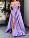 Off Shoulder Lilac Long Prom Dress with Split, Long Formal Evening Dresses