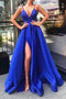 Simple A Line Royal Blue Prom Dress with Split, Long Formal Evening Dresses