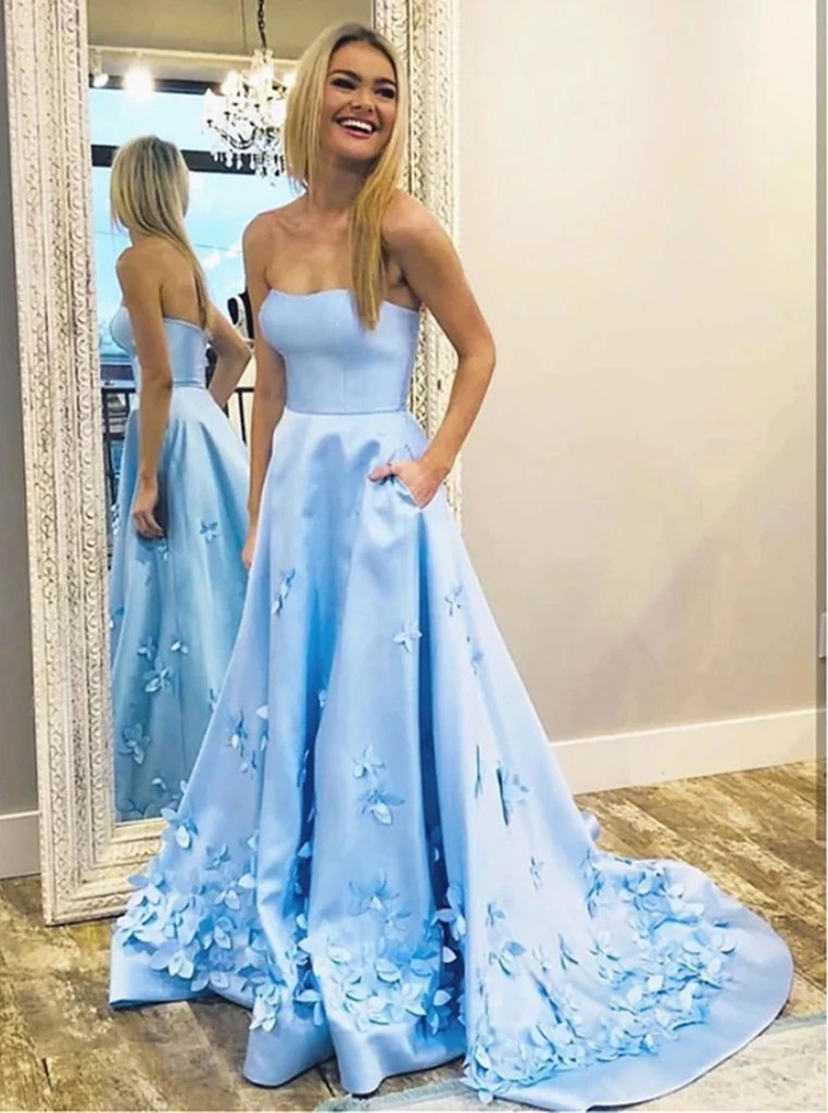 a-line 3d flowers sky blue strapless long prom dresses with pockets dtp876