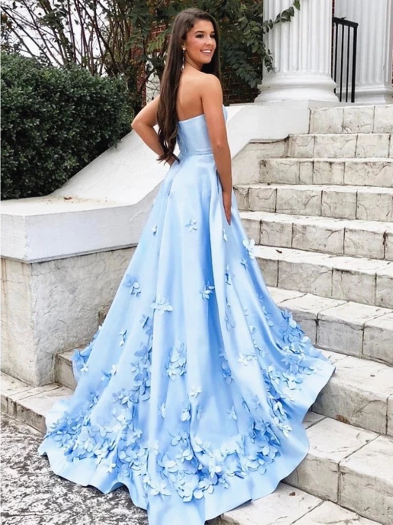 A Line 3D Flowers Sky Blue Strapless Long Prom Dresses with Pockets