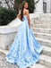 A Line 3D Flowers Sky Blue Strapless Long Prom Dresses with Pockets