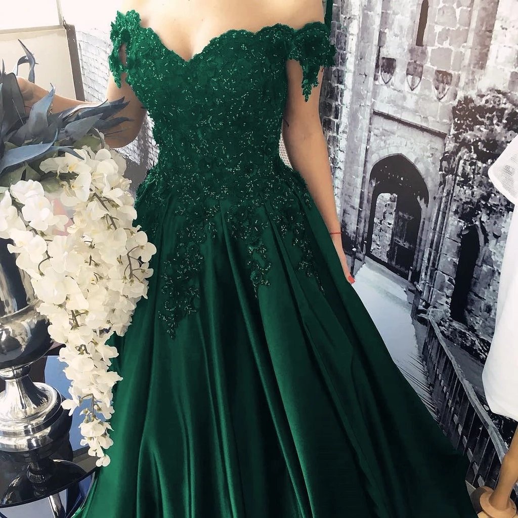 Off Shoulder Dark Green Ball Gown Appliqued Prom Formal Dress DTP878 DressTok.co.uk Off Shoulder Dark Green Ball Gown Appliqued Prom Formal Dress DTP878 DressTok.co.uk