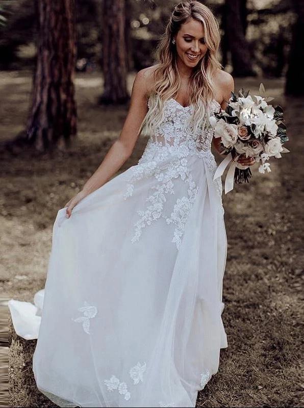 A-line Sweetheart Rustic Boho Wedding Dresses With Appliques